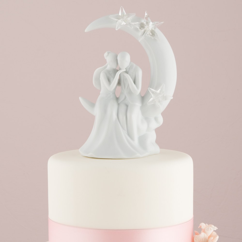 Cake topper porcellana smaltata sposi bacio mezzaluna stelle acrilico